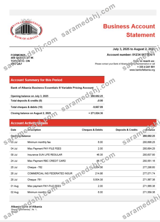 Bank of Albania business account statement Word and PDF template